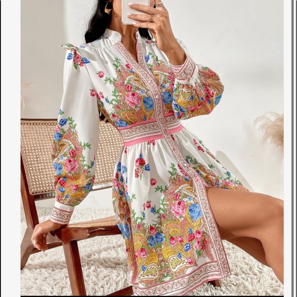 Boho Floral Print High Neck Collar Puff Sleeve Shirt Dress - Picture 3 of 6